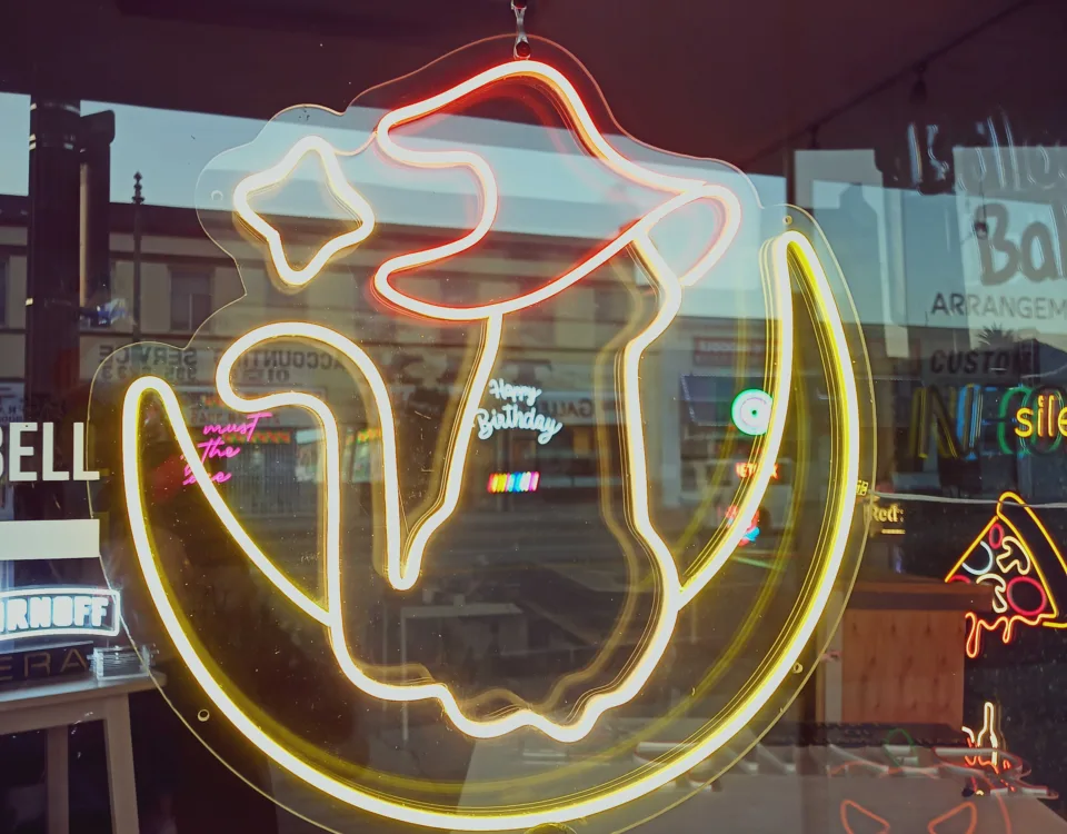 Witchy Cat on the Moon Yellow LED Neon Sign