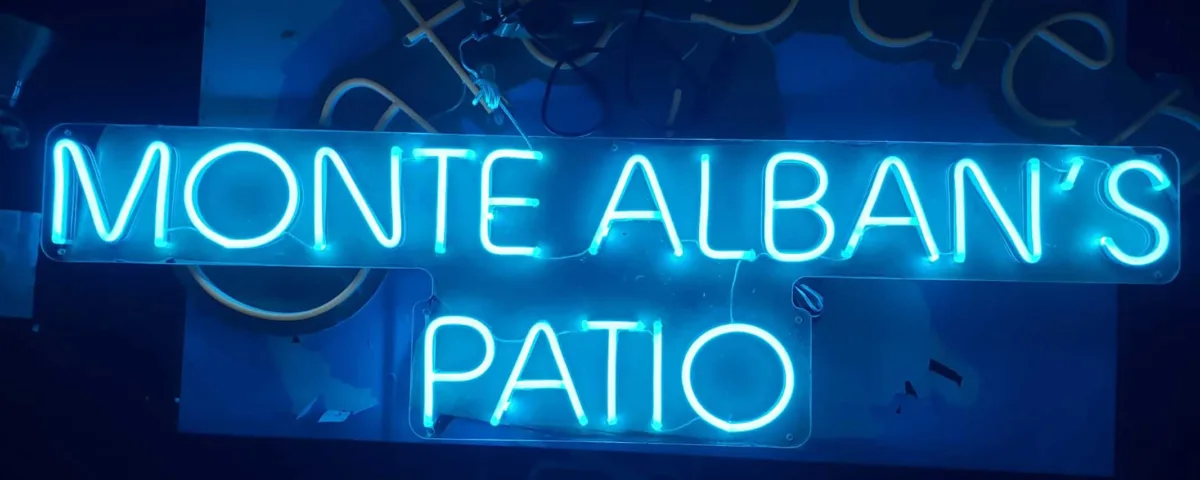 ‘MONTE ALBAN’S PATIO’ Light Blue LED Neon Sign