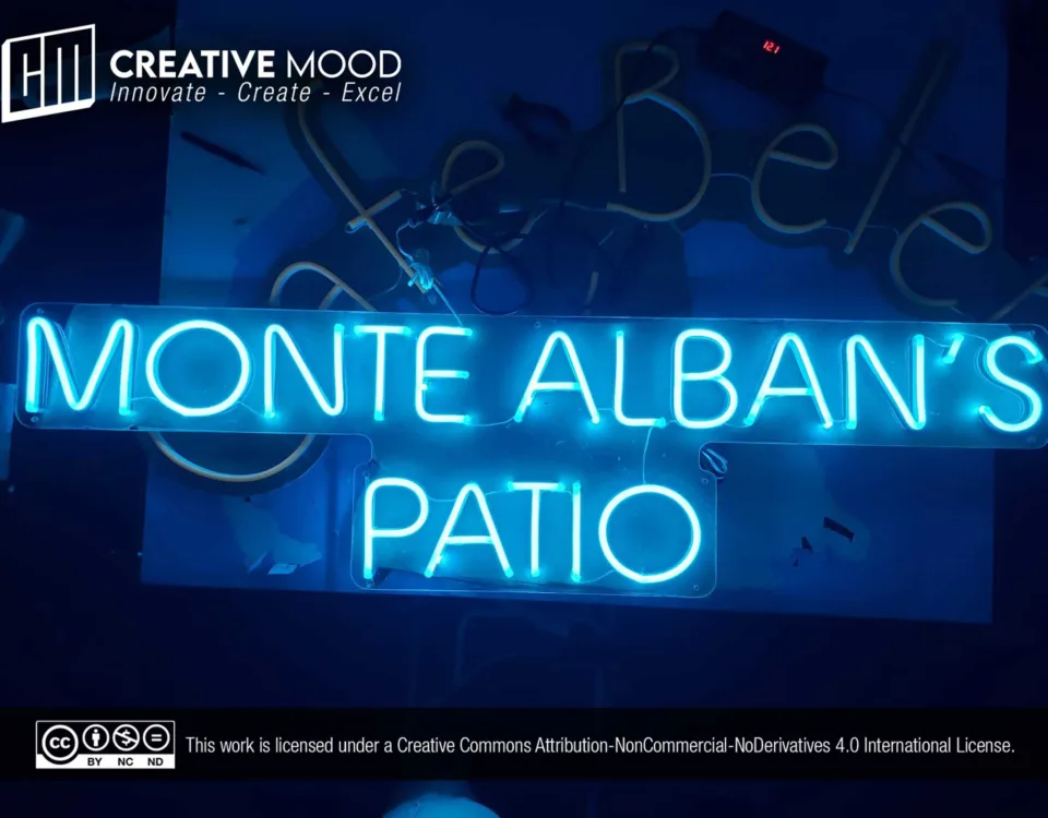 ‘MONTE ALBAN’S PATIO’ Light Blue LED Neon Sign